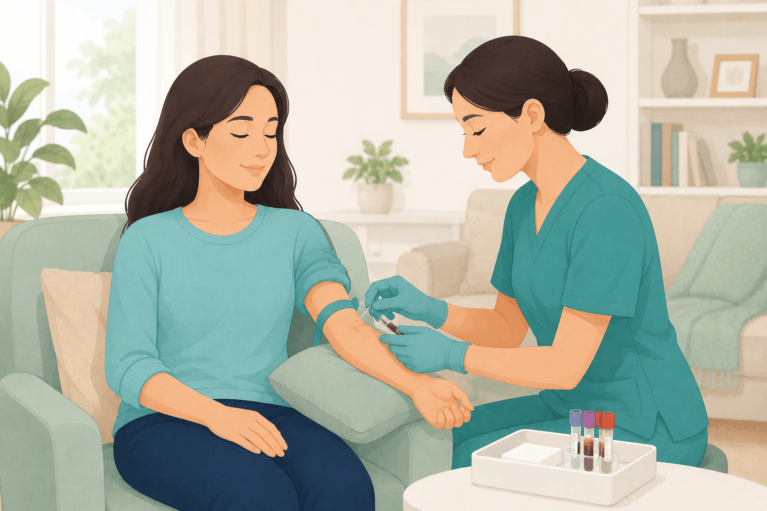 Blood test guidance / sample coordination - patient-friendly home visit illustration