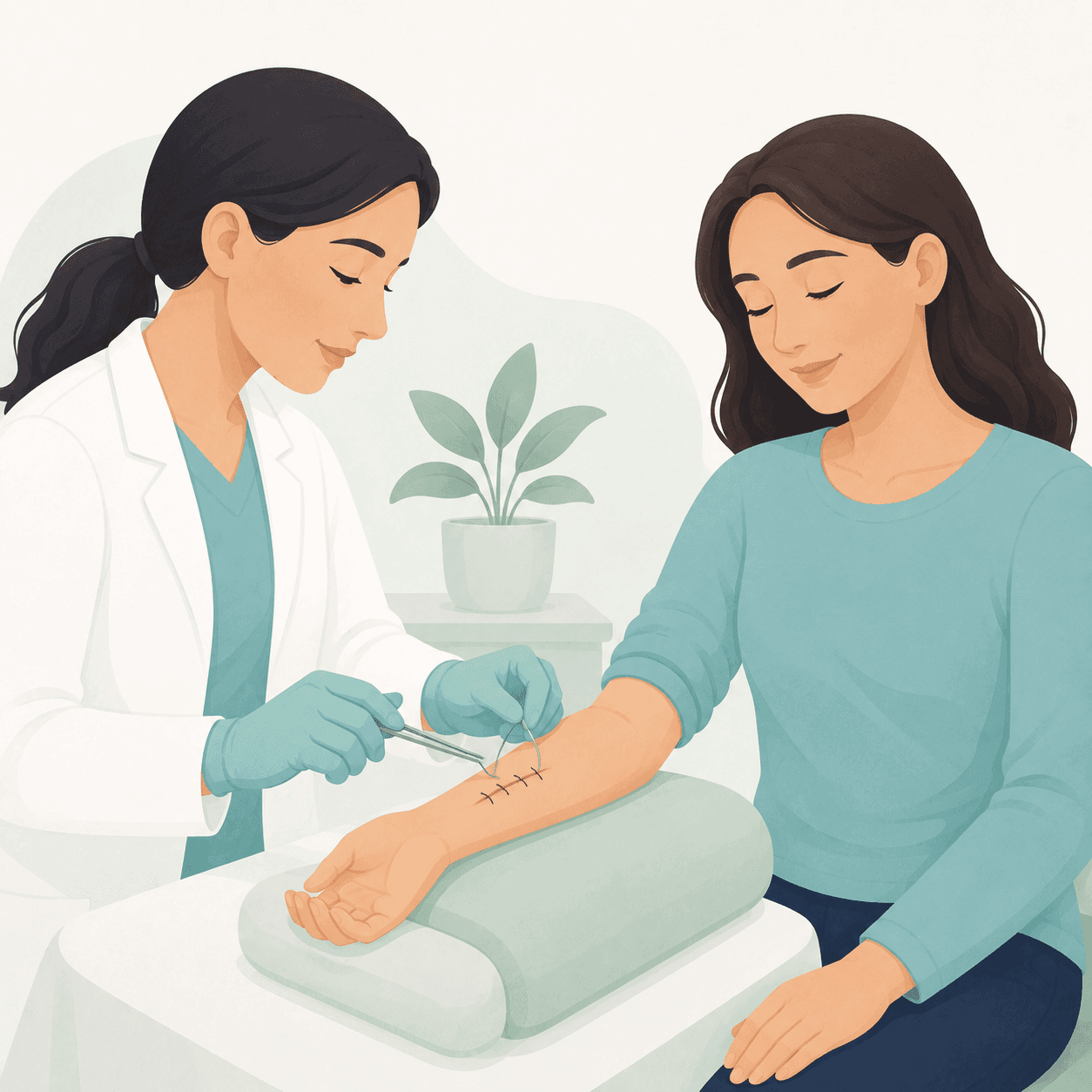 Suturing and suture removal - simple patient-friendly illustration