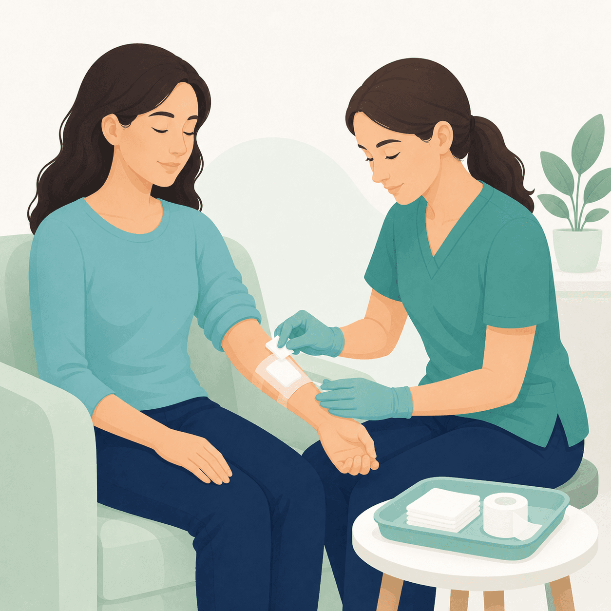 Wound cleaning, debridement and dressing - simple patient-friendly illustration