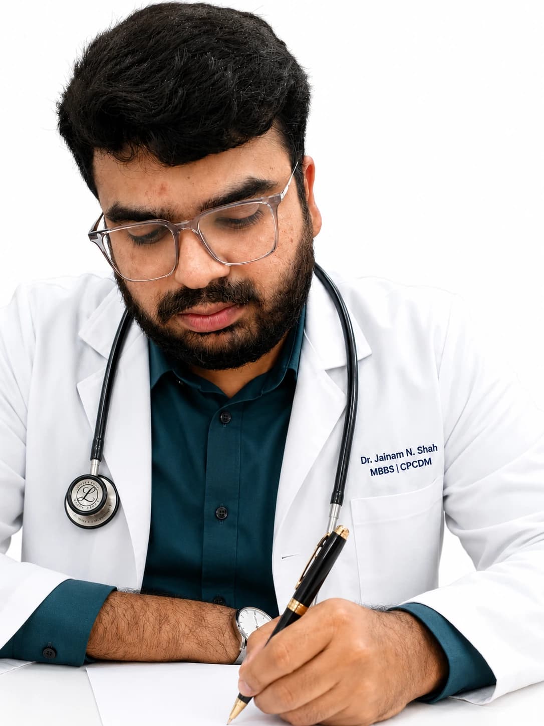 Dr. Jainam N. Shah writing clinical notes